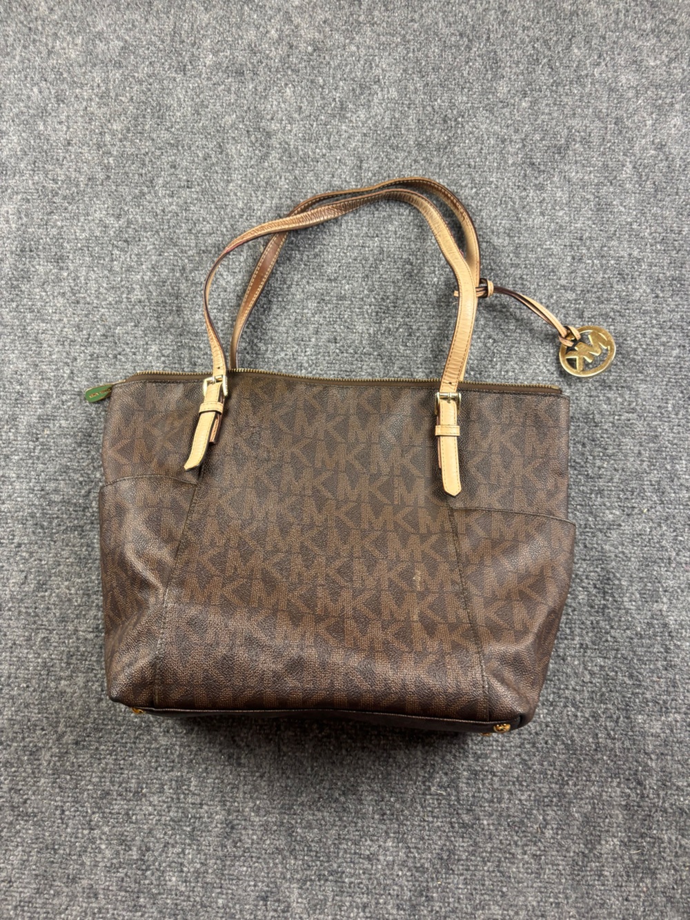MICHAEL KORS Jet Set Tote Bag Brown Logo Print Canvas Tan Leather Trim Purse - Picture 2 of 11